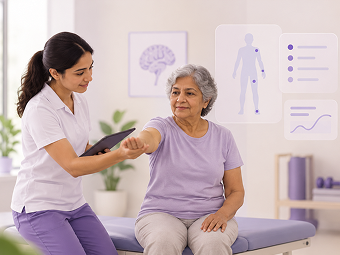 Clinician assessing hand function with a patient at home
