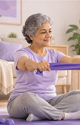 Patient practising sit-to-stand at home with a therapist on video