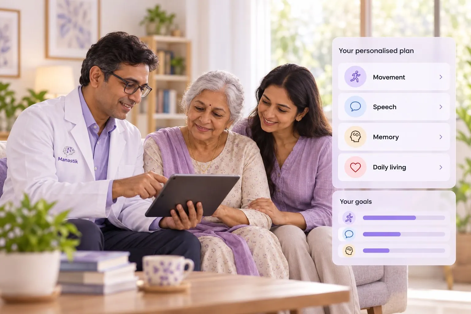 A Manastik physician reviews a personalised rehabilitation plan with an older woman and her daughter at home.
