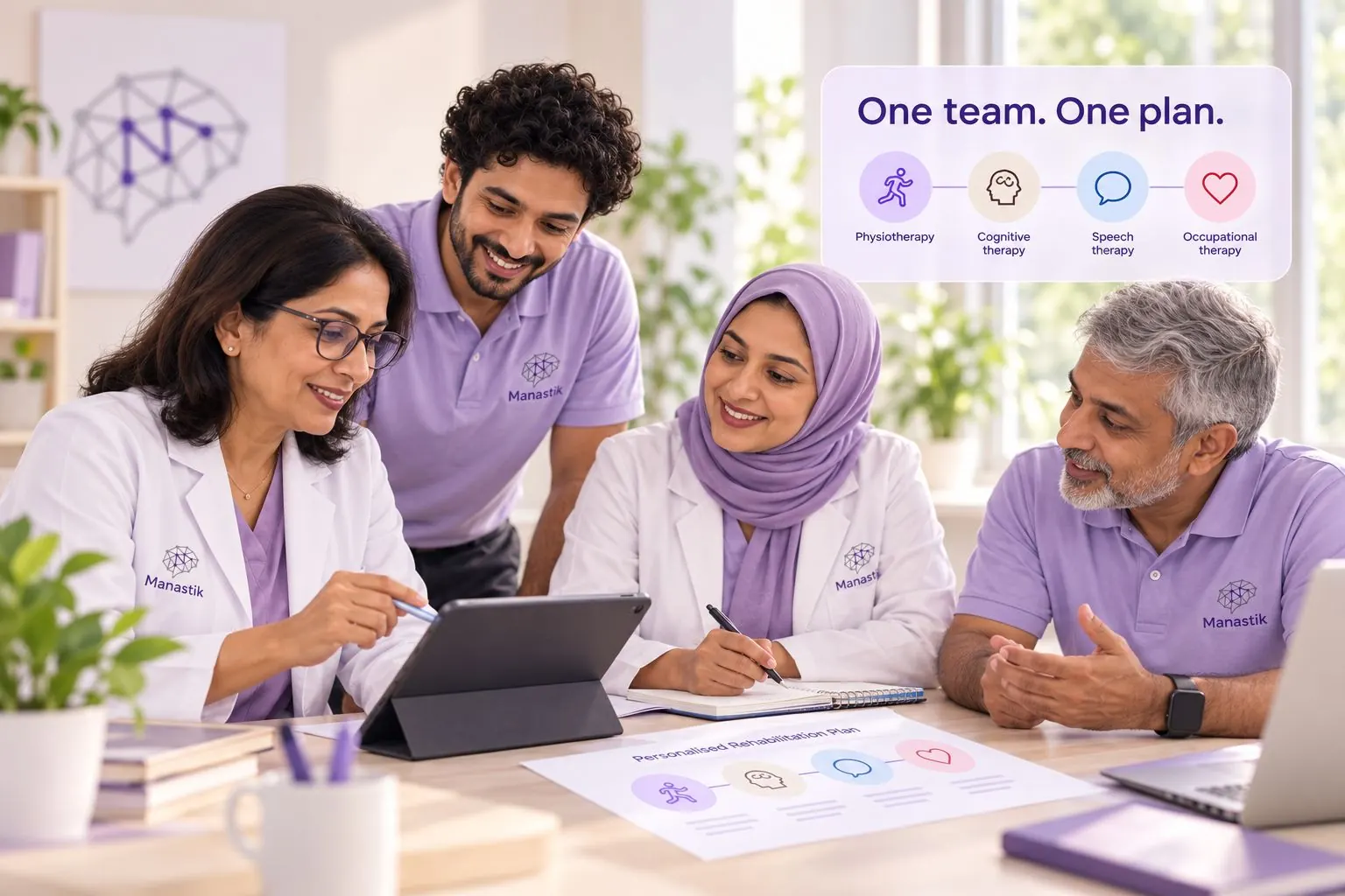 Four rehabilitation professionals collaborate on a shared care plan.