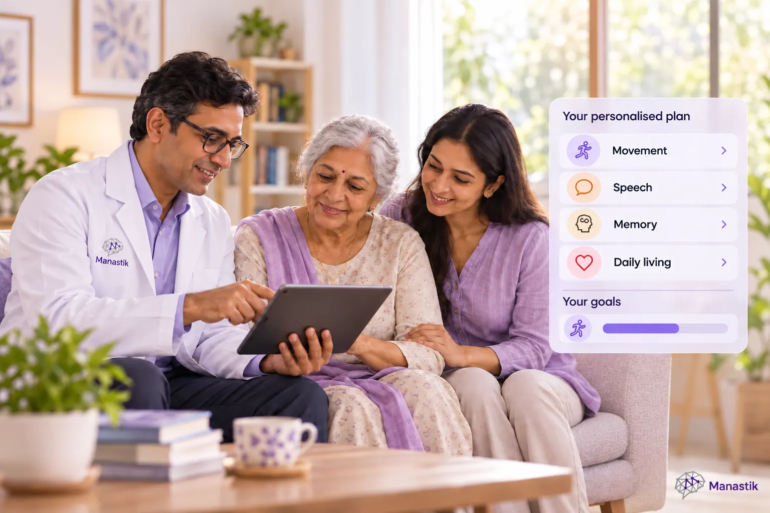 A Manastik physician reviews a personalised rehabilitation plan with an older woman and her daughter at home.