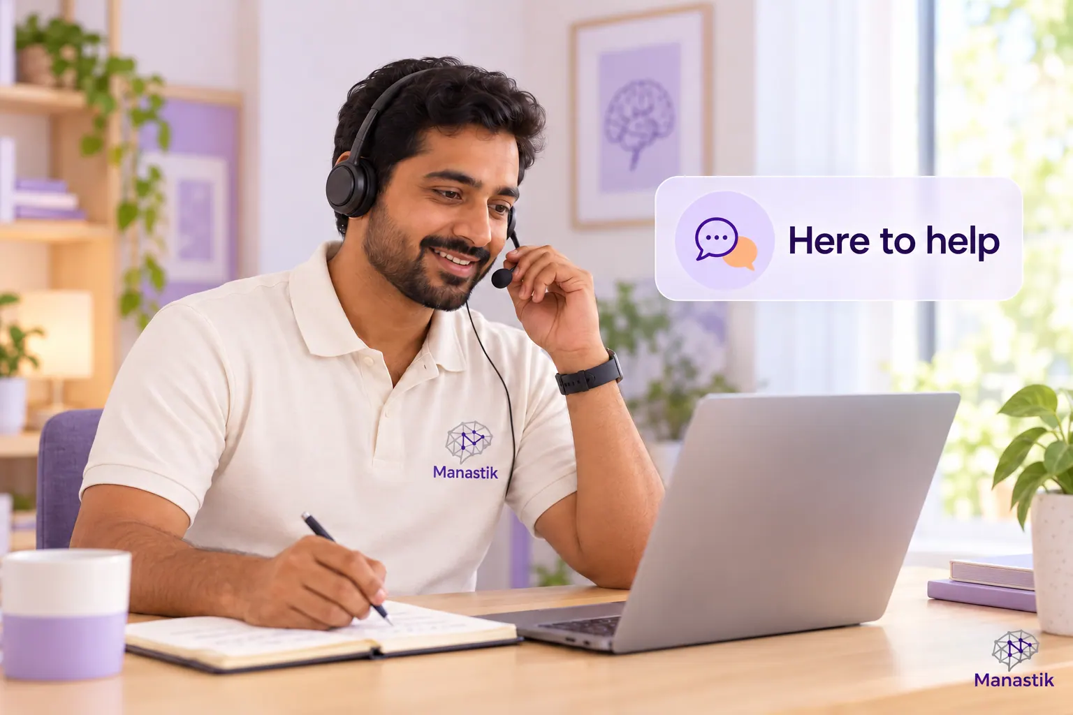 A Manastik Care Navigator on a headset call, taking notes at his desk.
