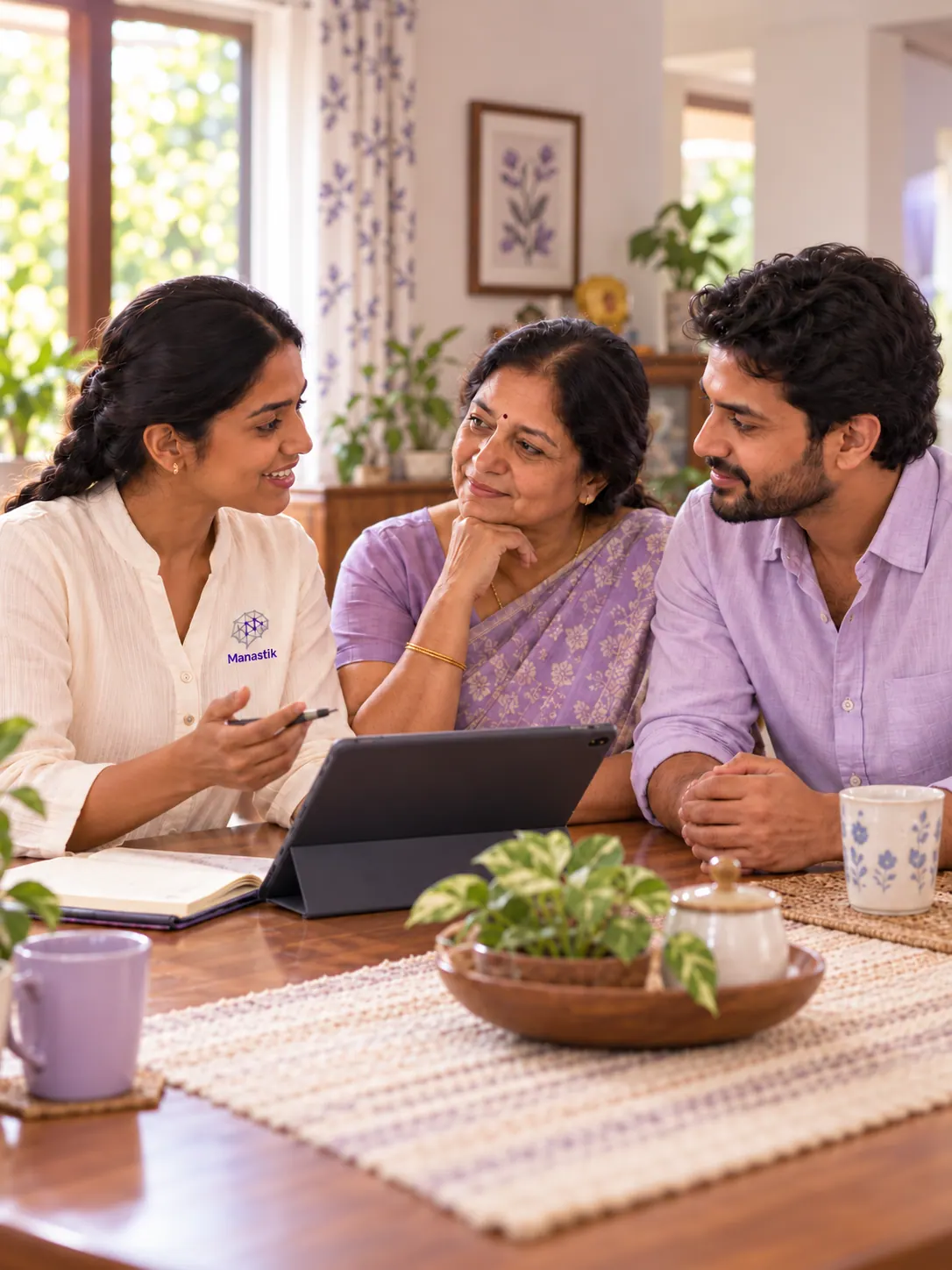 A Care Navigator talks with a family at home about their loved one’s condition.